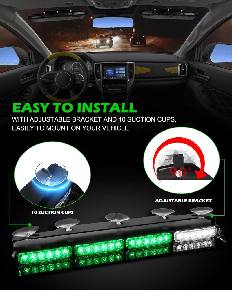 HLauto 604N Emergency Dash Strobe Lights: 2x16.8 inch Green Security Light w/Take Down, 48 LED Safety Flashing Warning Hazard Interior Windshield Light Bar for Truck Vehicle - Image 5